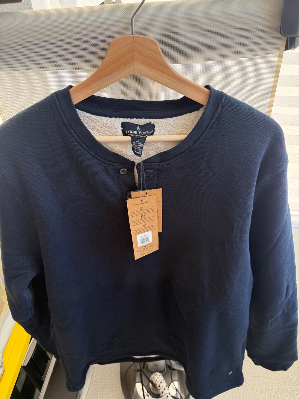 Tailor Vintage Men's Navy Crewneck with Sherpa Lined Neck and Button Placket